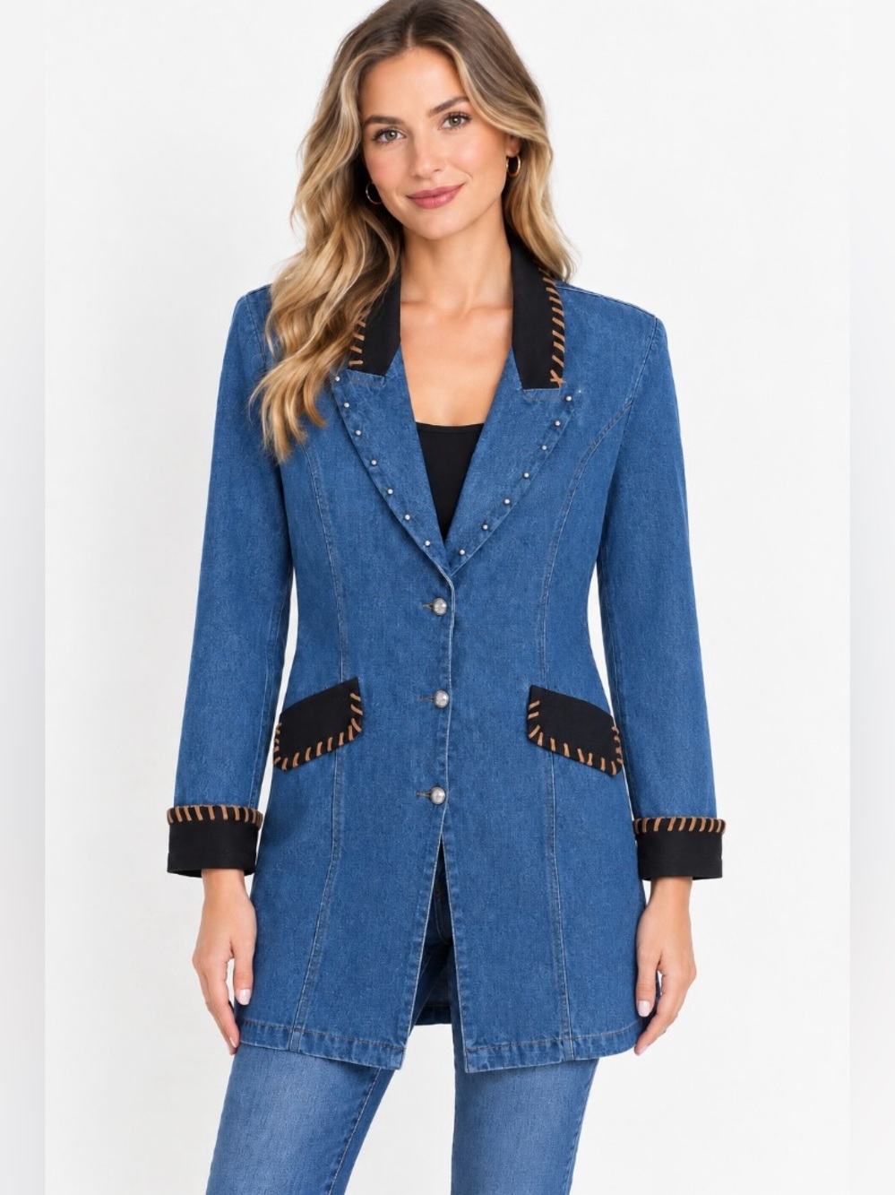 Vintage 80’s Southwest Canyon Denim Suede Whipstitch Concho Duster Jacket XL